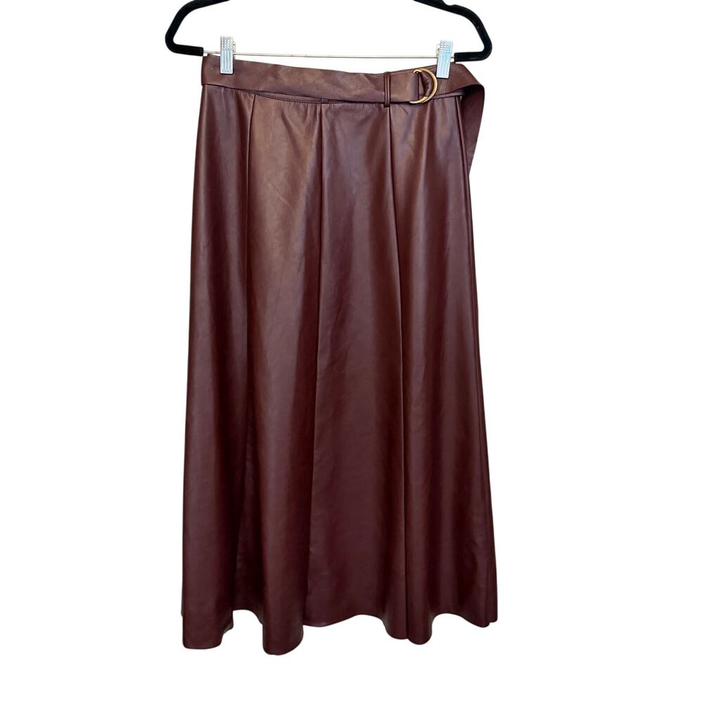 Bacio Faux Leather A-Line Skirt M Burgundy Midi Belted Quiet Luxury Career Work